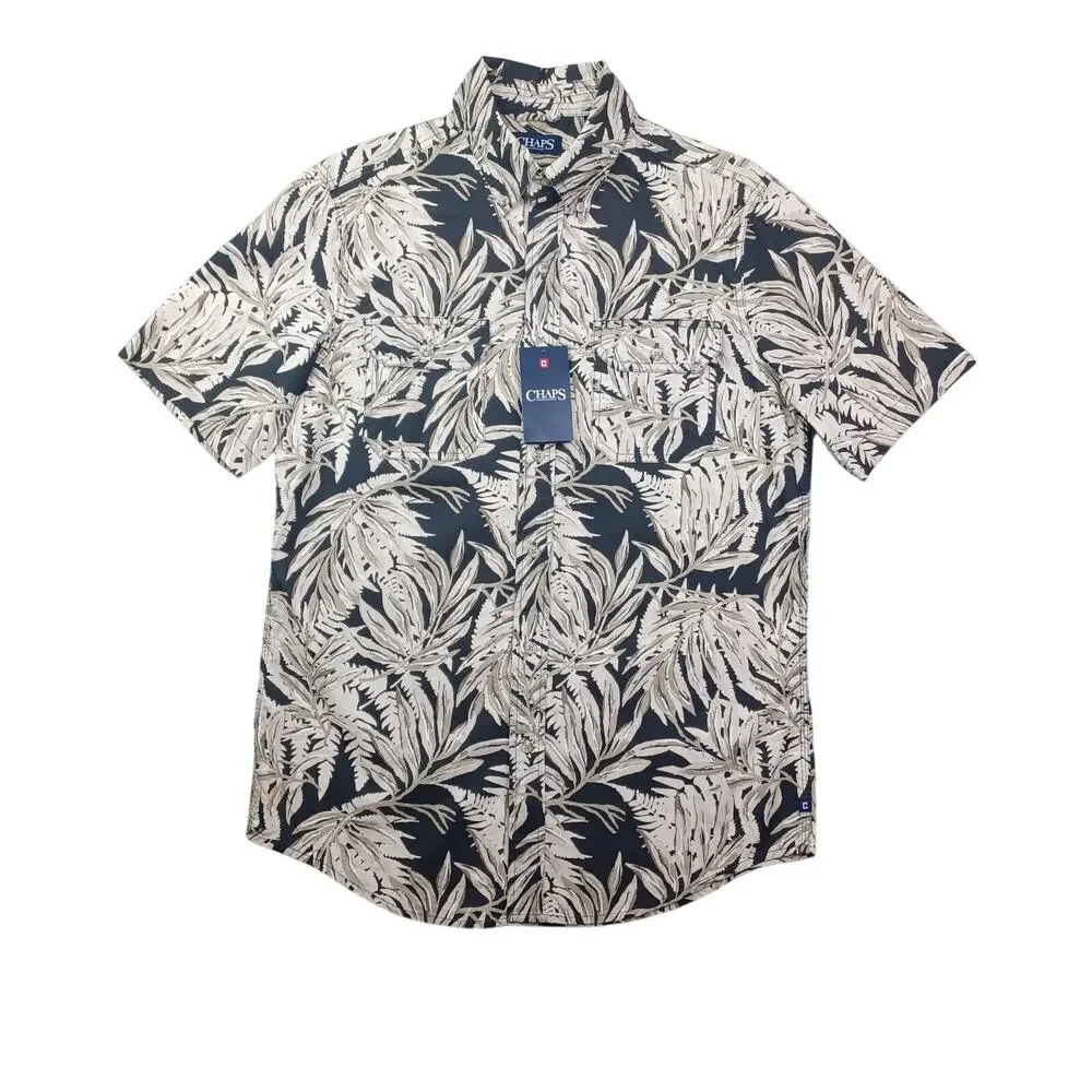 CHAPS Shirt Mens S Casual Button Down Tan Black Tropical Short Sleeve Cotton NWT